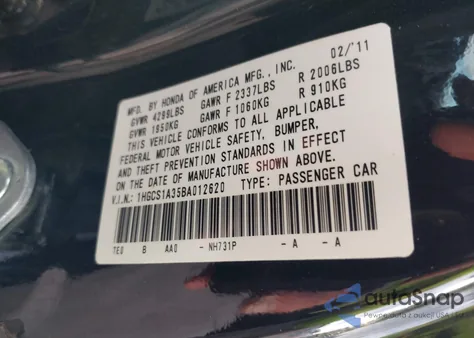 2011 Honda Accord 2.4 Lx-S z USA, uszkodzony, nr VIN 1HGCS1A35BA012620